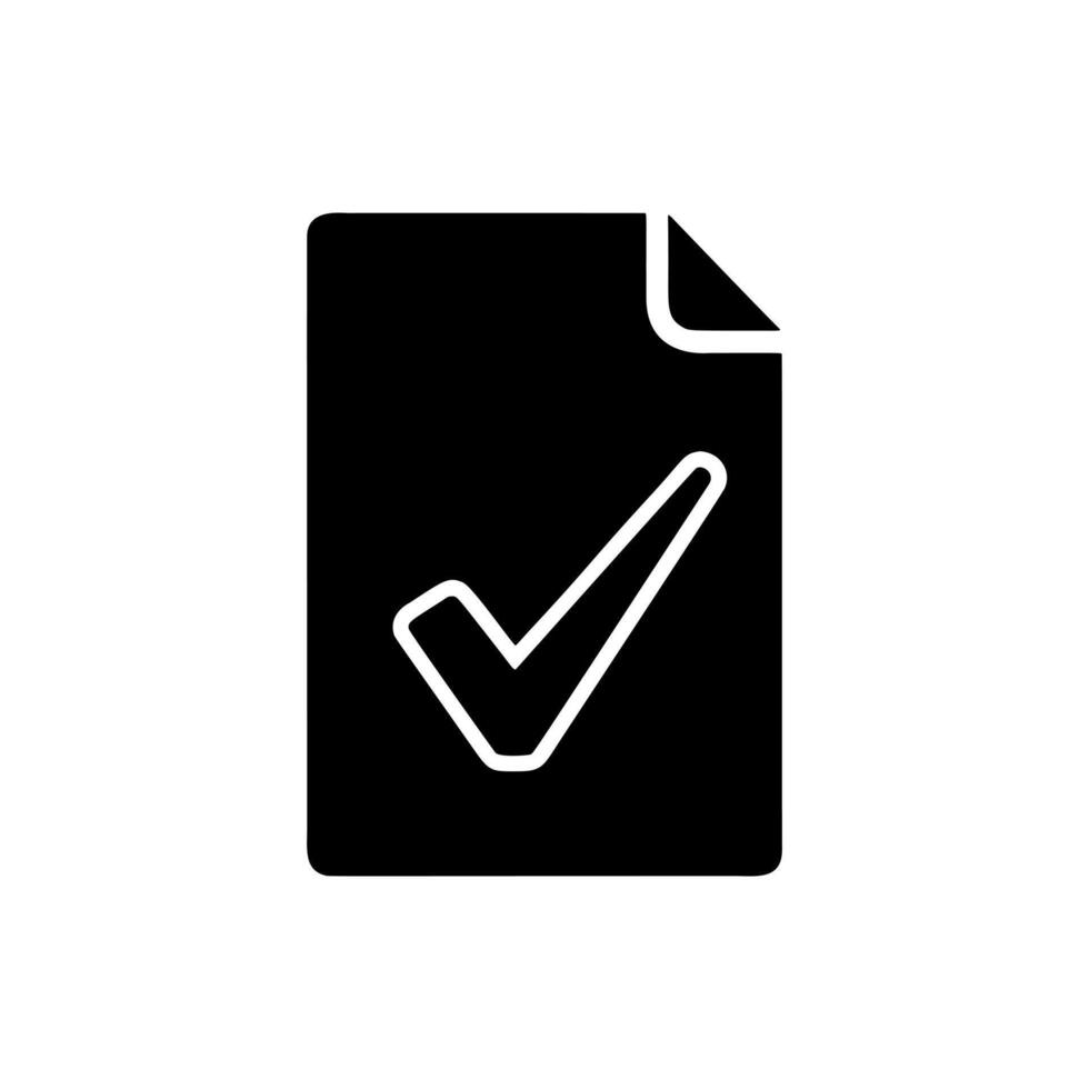 Black glyph icon of a verified document with a check mark, representing a completed task, successful validation, or approved checklist concept vector