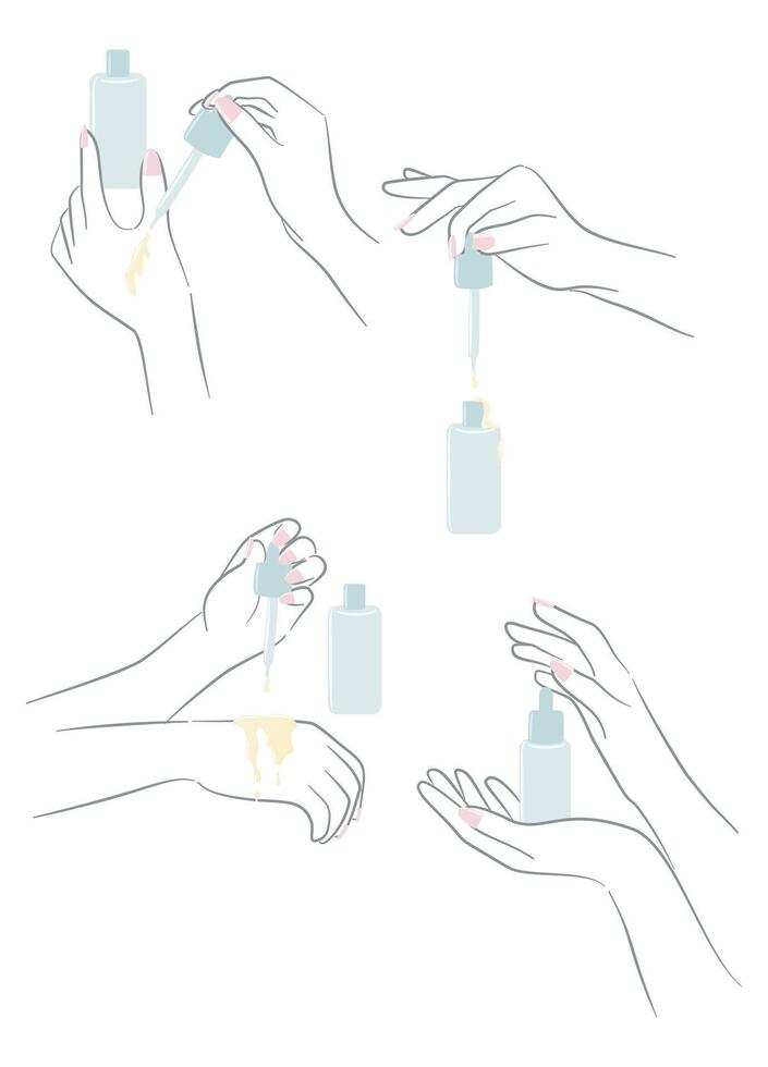 minimal illustrations of hands using a skincare dropper bottle, applying serum, and holding cosmetic containers. Shows sequences of skincare application in soft, clean lines. vector