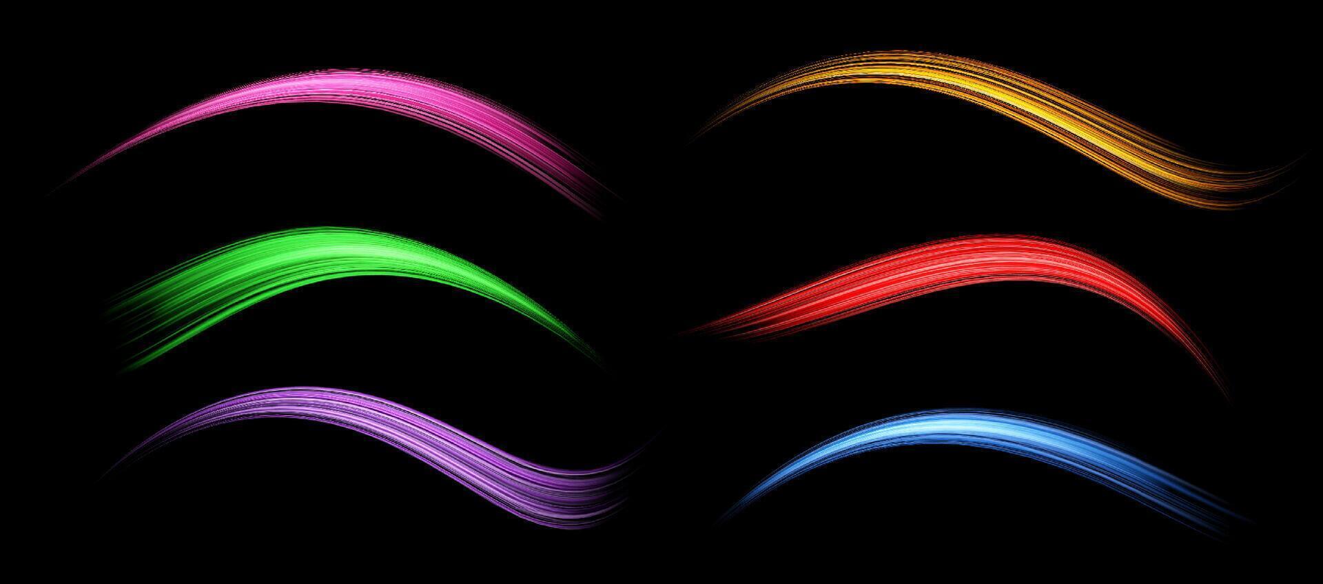 Glowing lines of different colors. Dynamic neon realistic energy waves. Abstract curved light effect on dark background vector