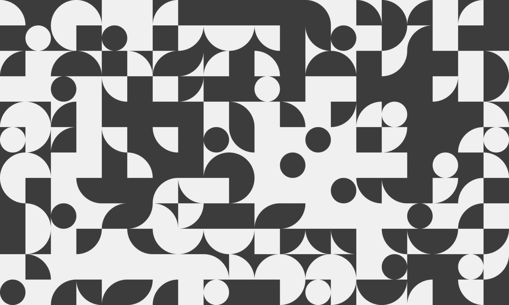 Abstract geometric monochrome pattern. Stylish, modern design featuring circles, squares, and semicircles in a repeating motif. Ideal for backgrounds, textiles, and contemporary design projects. vector