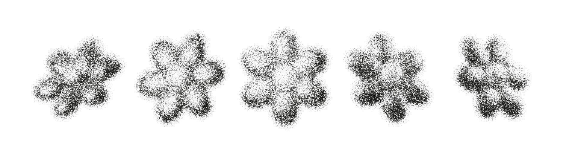 Dot flower silhouettes with grain and stipple noise appear as floating 3D blooms. Gentle gradient shading, halftone texture and abstract lines create a soft botanical graphic atmosphere vector