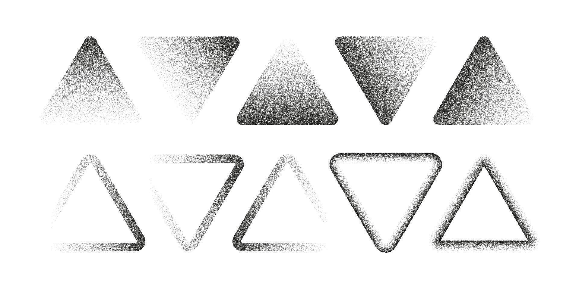 Soft grainy triangles with halftone fade and stipple texture. Abstract geometric shapes with dot gradient and subtle noise, perfect for modern graphic design and minimal layouts vector