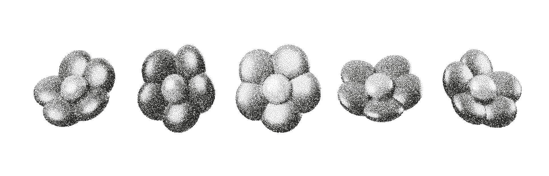 Dot and grain flower forms with stipple noise build a grainy 3D botanical scene. Abstract halftone petals, soft fade and vintage texture add a dreamy retro look for posters and wallpapers vector