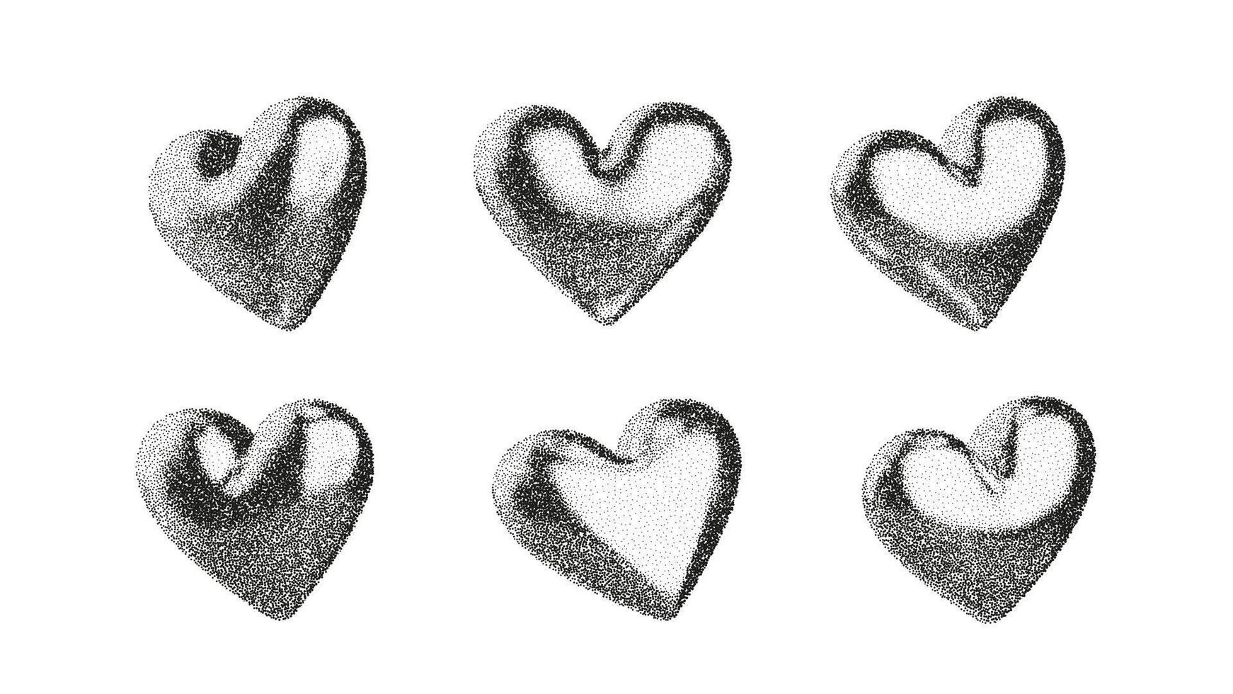Stipple heart shapes with grain, noise and halftone texture. Abstract 3D hearts with soft fade, dust and spray effect. Grainy heart elements perfect for retro design and textured graphic compositions vector