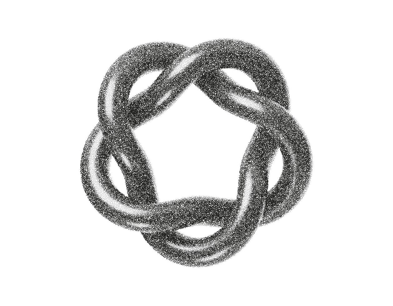 Grainy abstract knot forming a round twisted ring. Stipple texture, halftone shading and soft noise create a celtic-inspired geometric symbol with dotted gradients and subtle dust effects vector