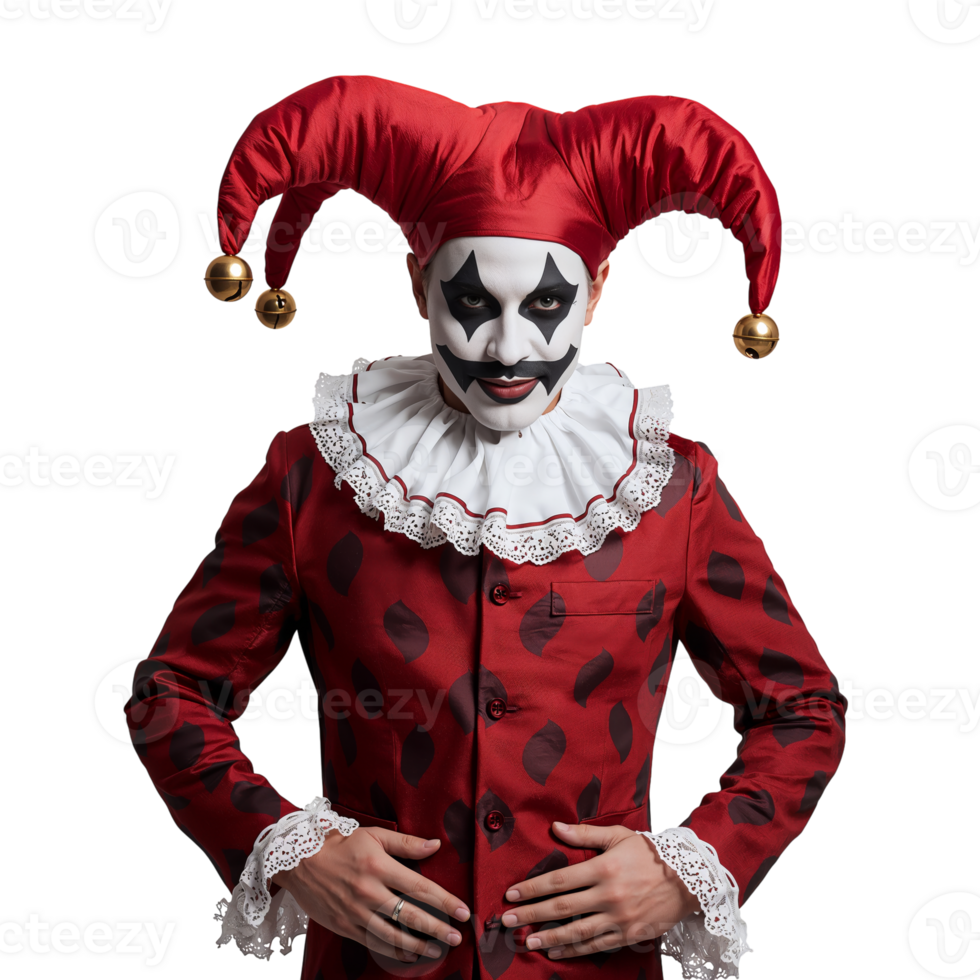 Jester Performing in a Red Costume With Polka Dots During a Festive Event in a Studio Setting png