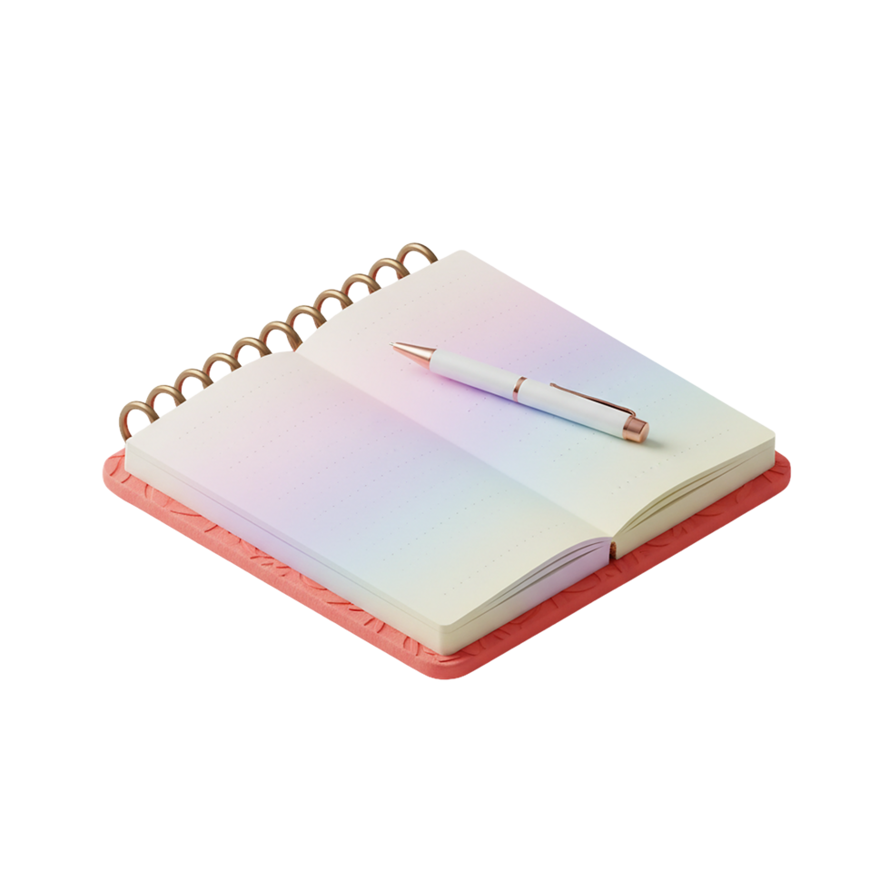 Isometric 3D Rendering of an Open Notebook with Pen png