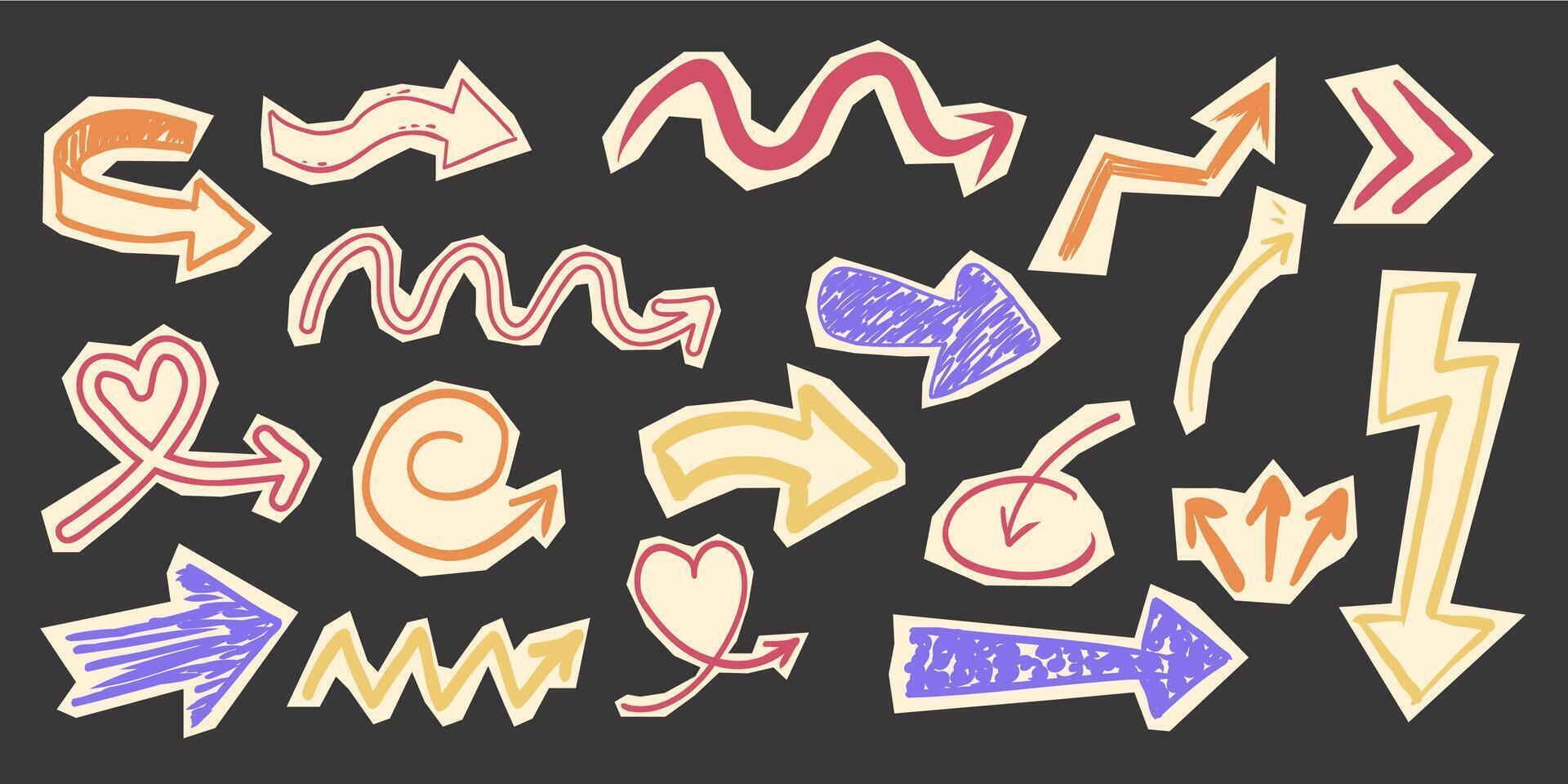 Scrapbook set with paper arrow cutout torn doodle scribble collage elements. Y2k swirl, up and down, right and left arrow collection vector