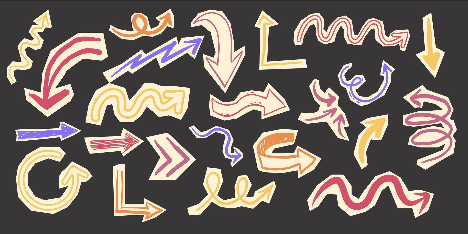 Scrapbook set with paper arrow cutout torn doodle scribble collage element Y2k swirl, up and down, right and left arrow collection. vector