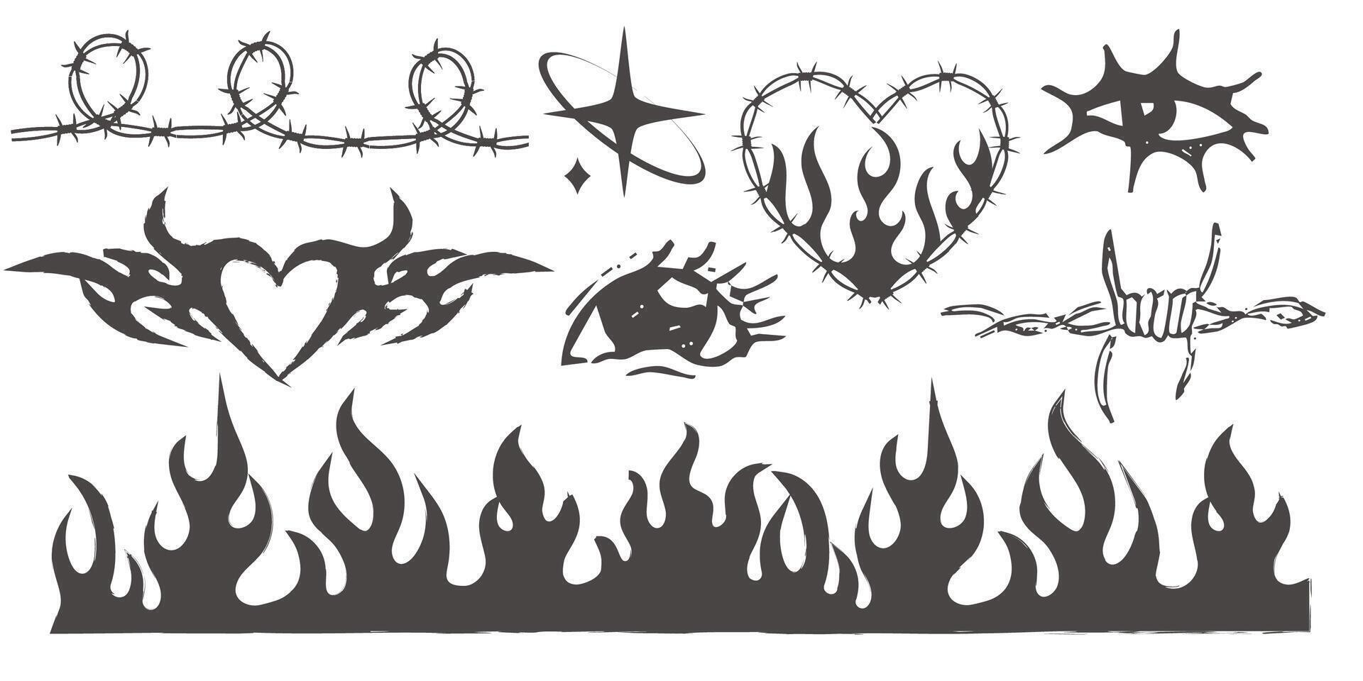 Y2k geometric set elements border set, heart with flame, barbed wire, grid pattern. Groovy cyber retro design elements. vector