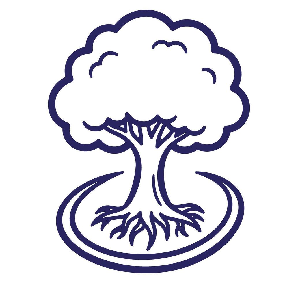 Simple and elegant line drawing of a stylized tree with roots and rounded crown vector