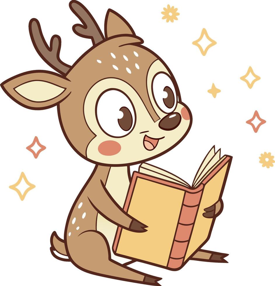 Cute deer reading a book with sparkles isolated on white background vector