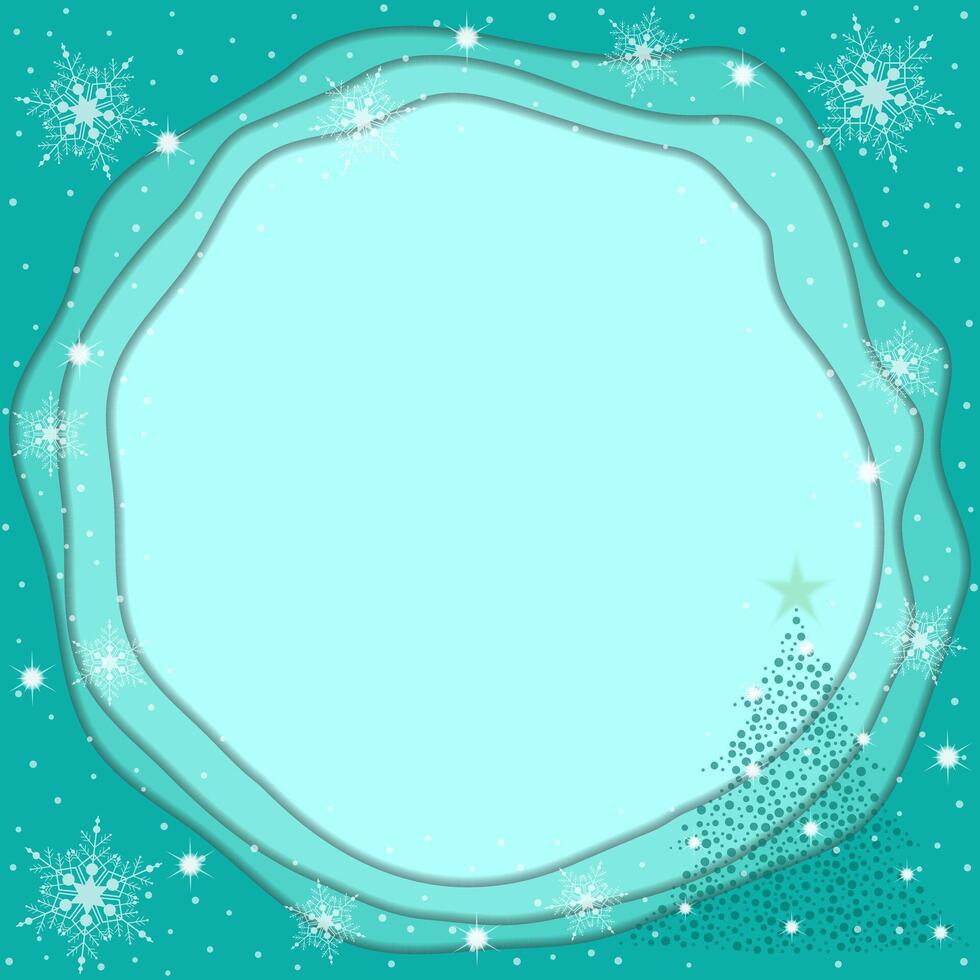 Tosca Green Circle Background Frame With Sparkling Snowflakes And Christmas Tree vector