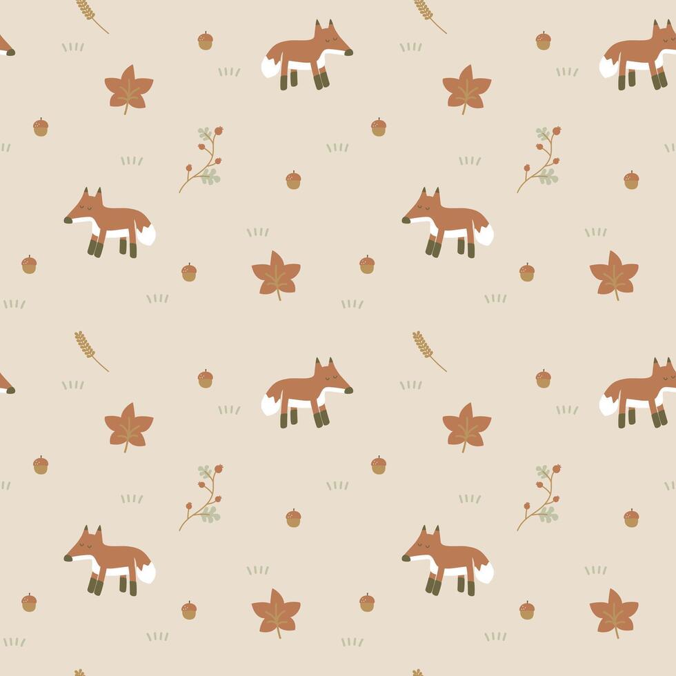 seamless minimal autumn season with fox repeat pattern background vector