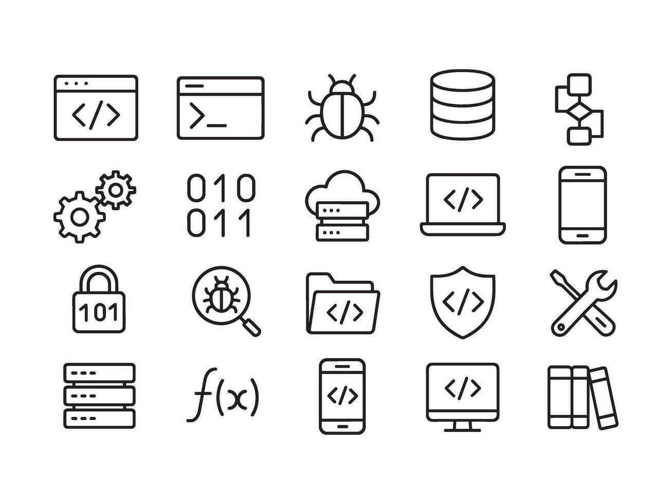 software desarrollo y codificación línea icono conjunto vector