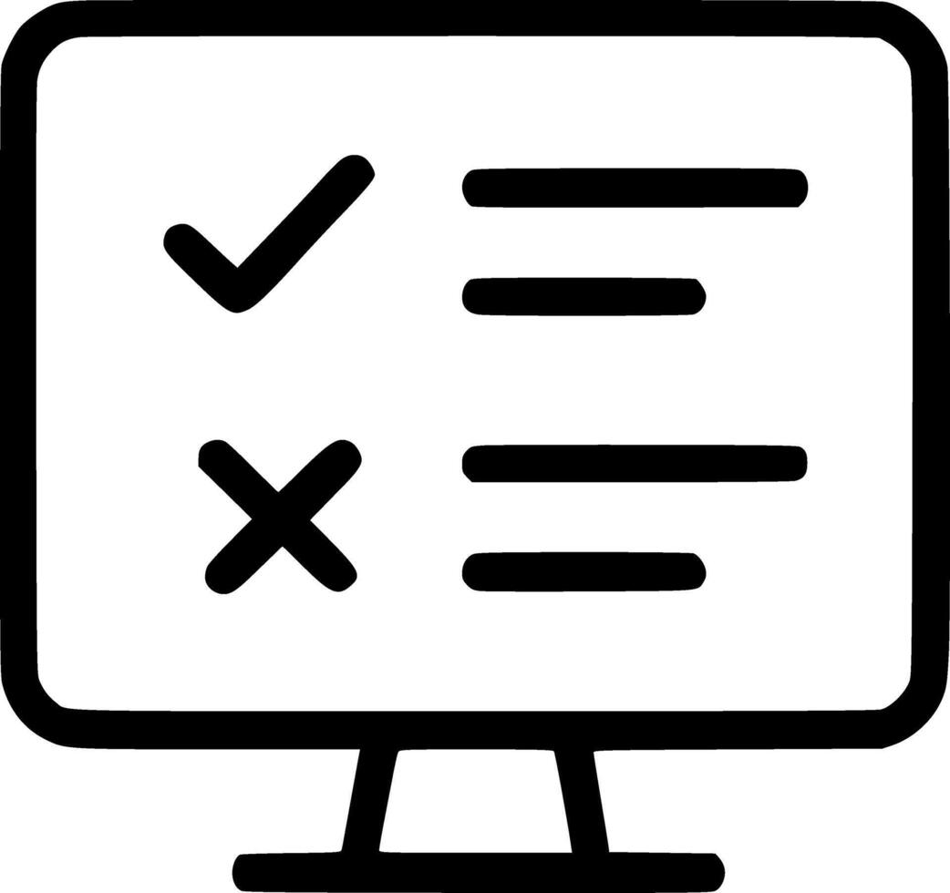 An outline icon of a monitor displaying a checklist with check and cross marks, symbolizing online testing, results, or feedback. vector
