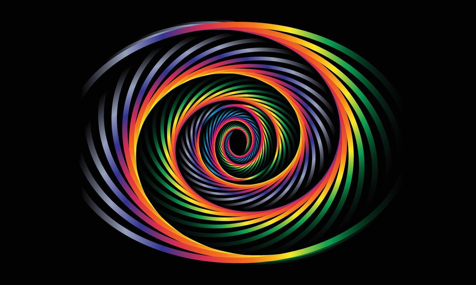 Vibrant rainbow swirl pattern abstract background with dark center and black backdrop vector