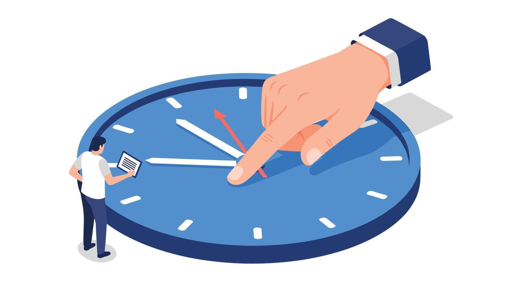 A hand is pointing at a clock with a person standing next to it vector