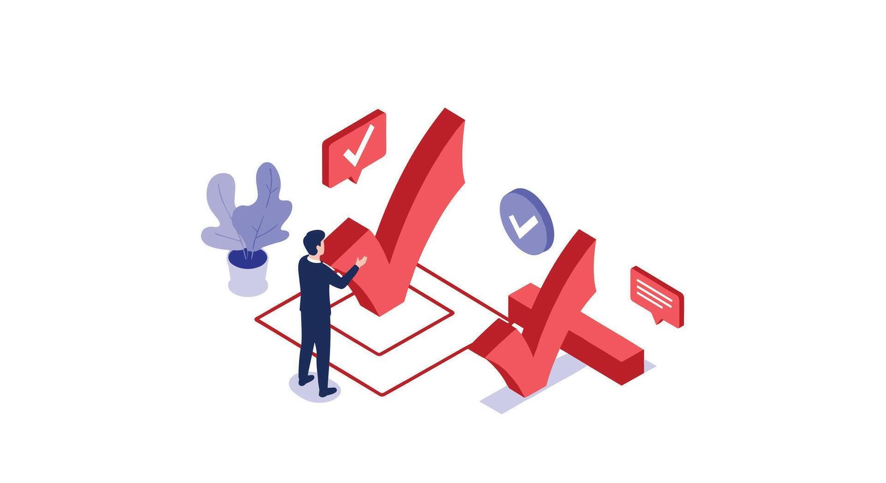 A man is standing next to a check box and a red tick vector