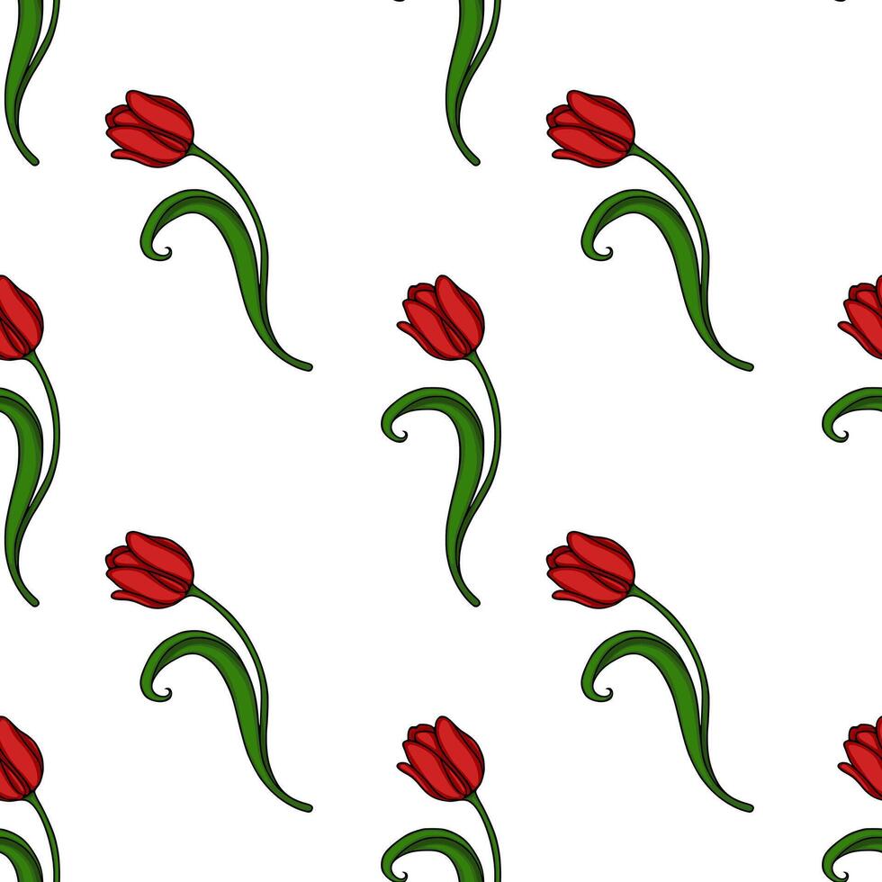 Seamless pattern of vibrant red tulips with green stems and leaves on a white background, featuring a stylized, repeating floral design. vector