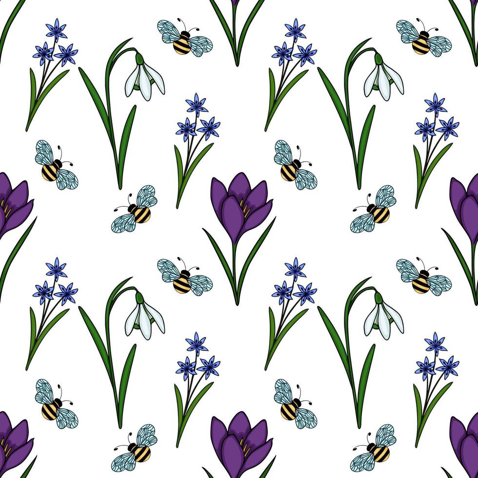 Charming seamless pattern featuring spring flowers like crocuses, snowdrops, and scillas, accompanied by playful bees, on a clean white background. vector