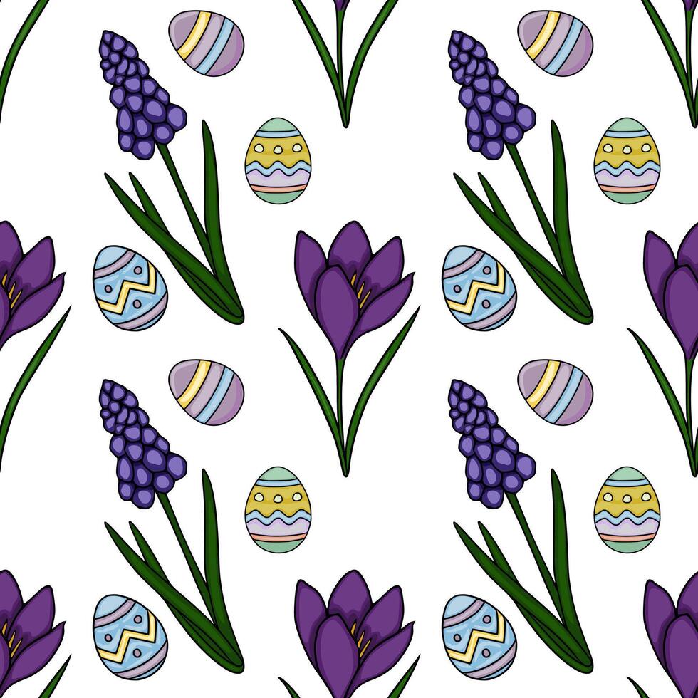 Seamless pattern featuring hand drawn Easter eggs and spring blooms like crocuses and grape hyacinths, with a bright and cheerful aesthetic. vector