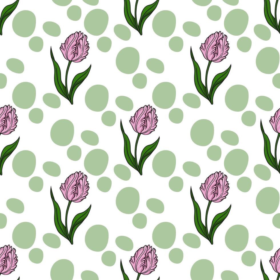 A charming seamless pattern featuring delicate pink tulips and soft green abstract oval shapes on a clean white background, evoking a spring like, whimsical aesthetic. vector