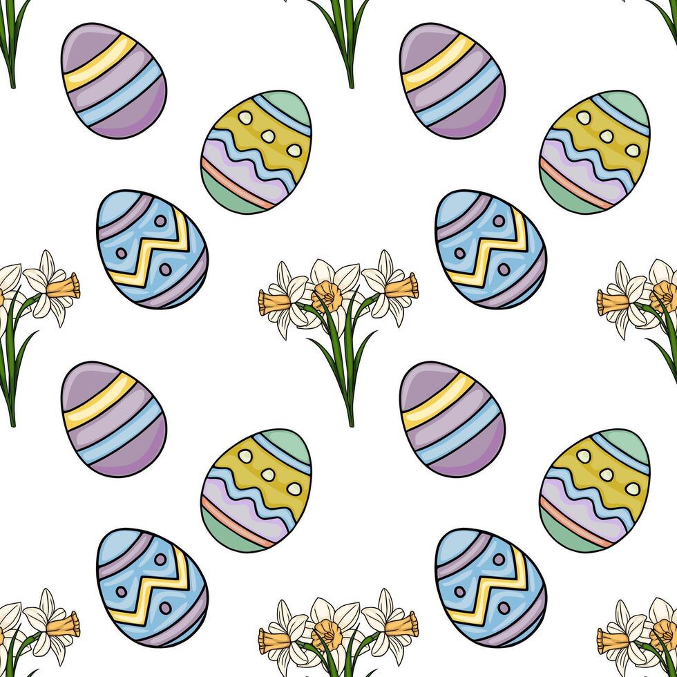 Festive seamless pattern featuring colorful Easter eggs and delicate daffodils on a white background. vector