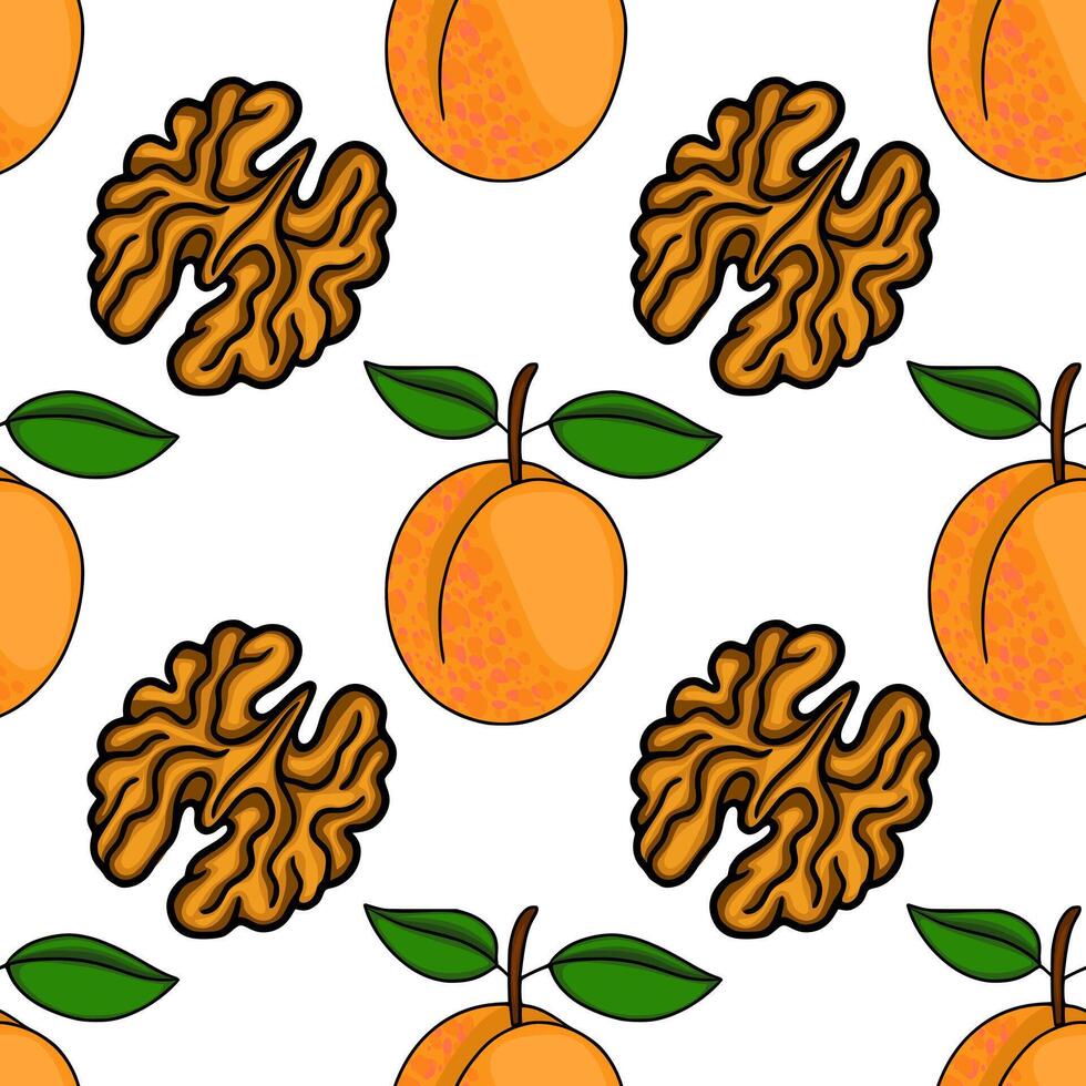Seamless pattern featuring ripe apricots with green leaves and textured walnuts on a white background. vector
