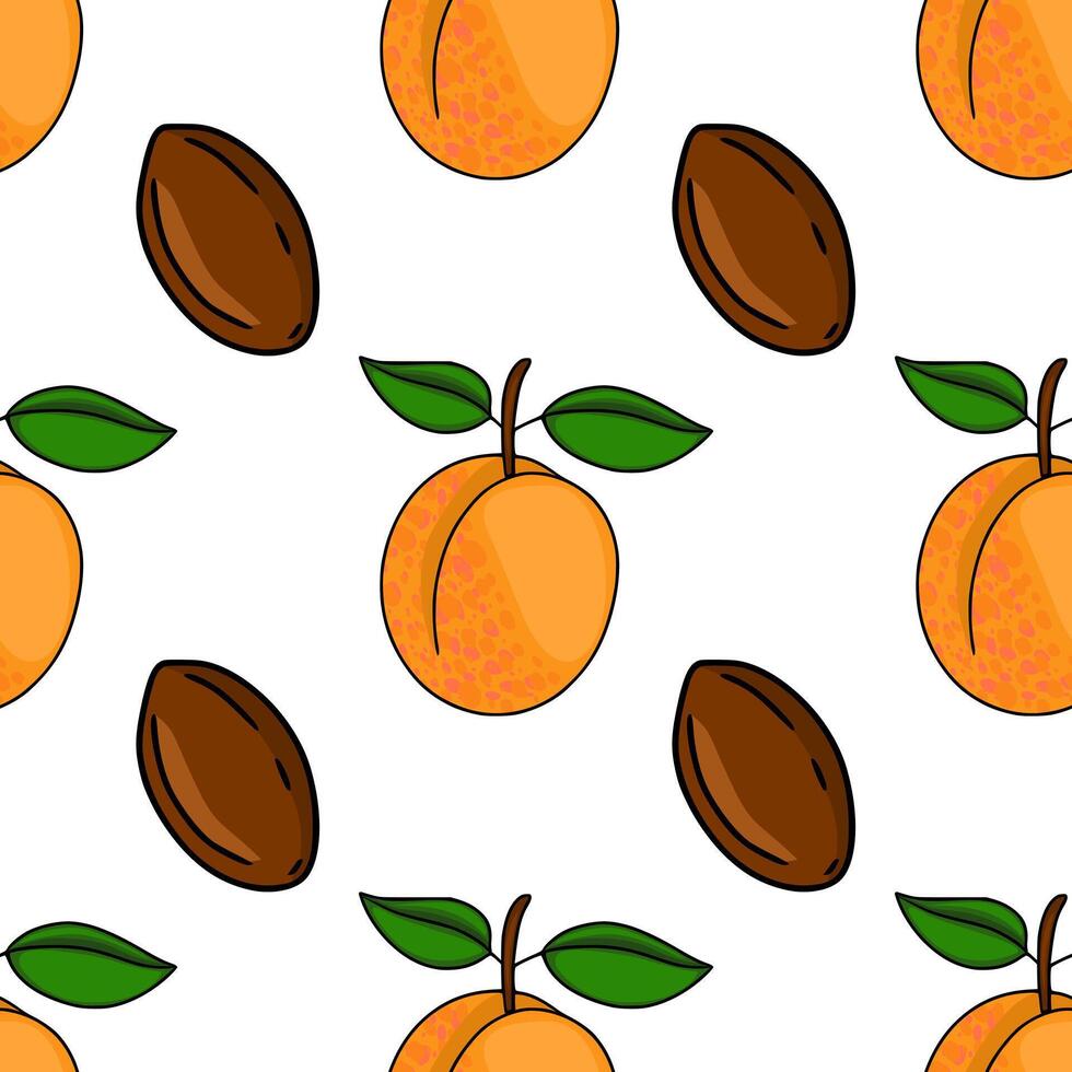 Seamless pattern featuring stylized apricots with green leaves and brown pits, rendered in a clean, illustrative style with bold outlines and flat coloring. vector