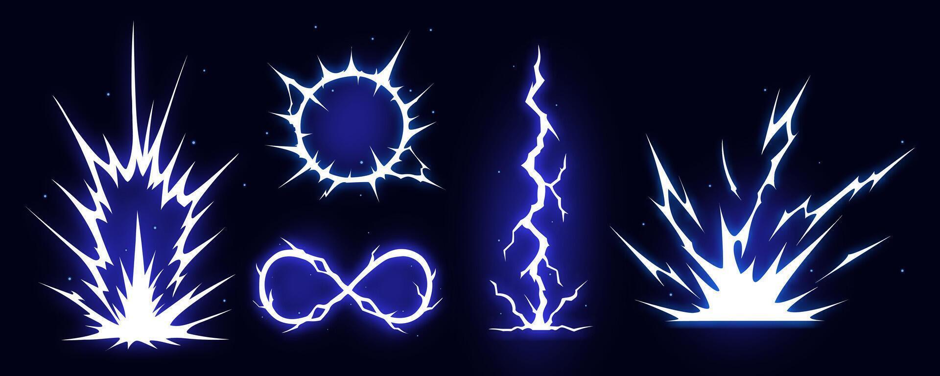 Manga thunder effect arranges comic bolt lightning in burst style. Manga thunder bg shows circle, infinity loop and vertical strike. Digital vfx frame for game, cartoon hit or explosion. vector