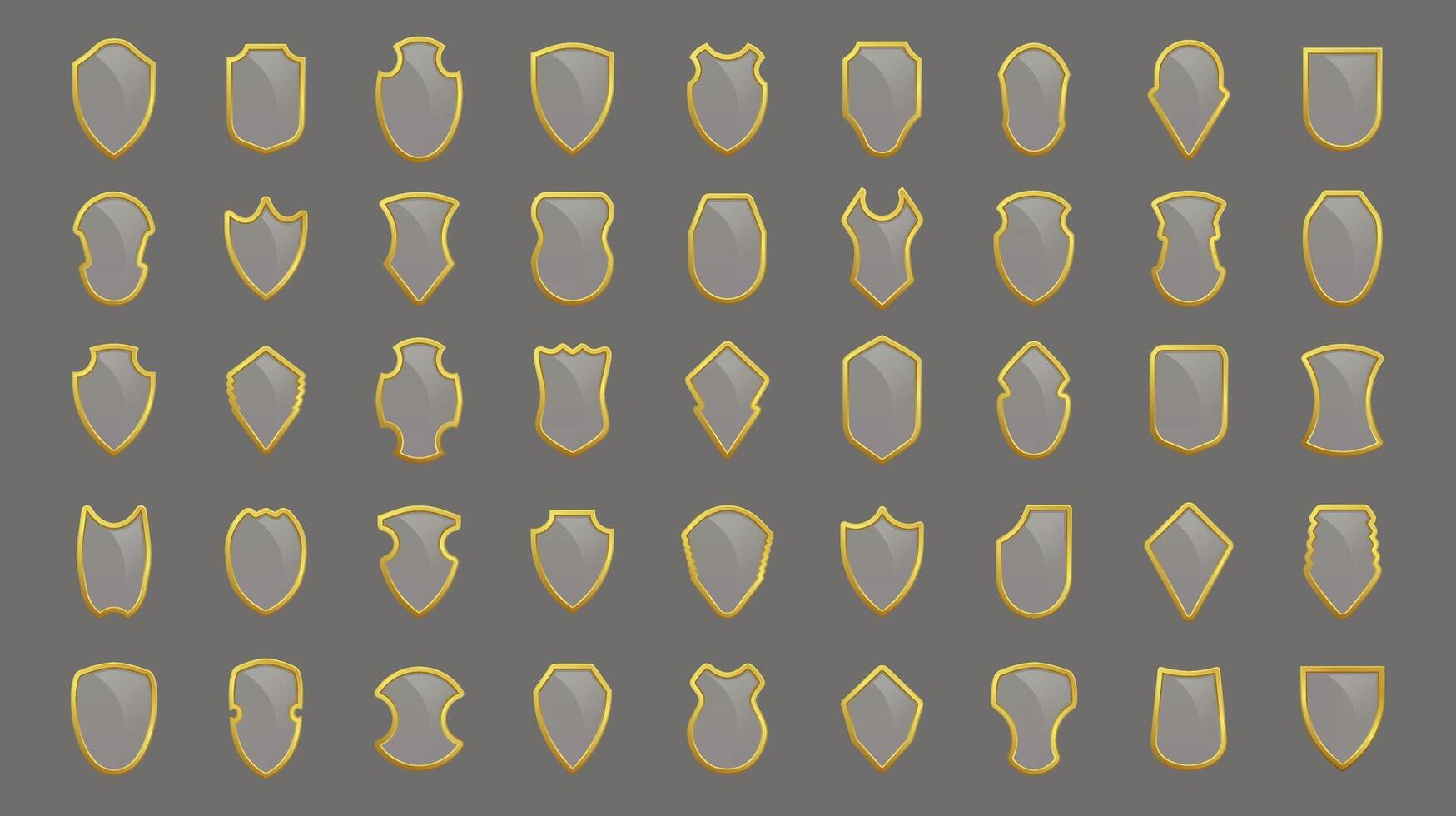 Elegant set of shields with gold accents, featuring varied shapes suited for branding security themes or heraldic designs, perfect for digital and print projects. vector
