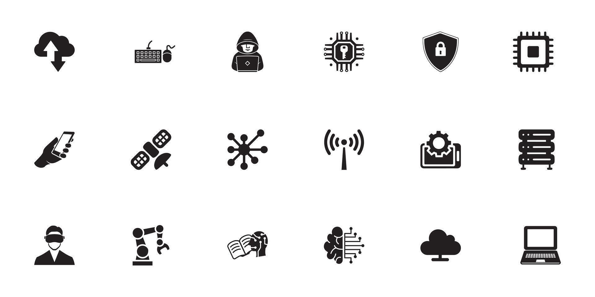 Technology and Cyber Security Solid Icons including AI and Cloud Symbols security, encryption, and privacy symbols in solid style vector