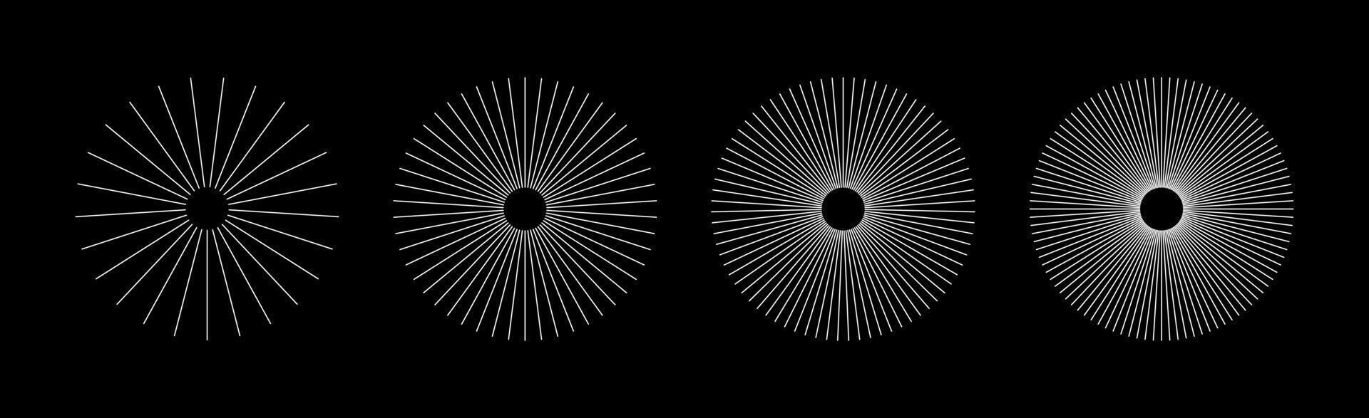 Radial circle white lines. Circular thin lines elements. Simple symbol of Sun star rays. Spokes with radiating stripes. Abstract illusion geometric shapes patterns. Flat design elements. vector