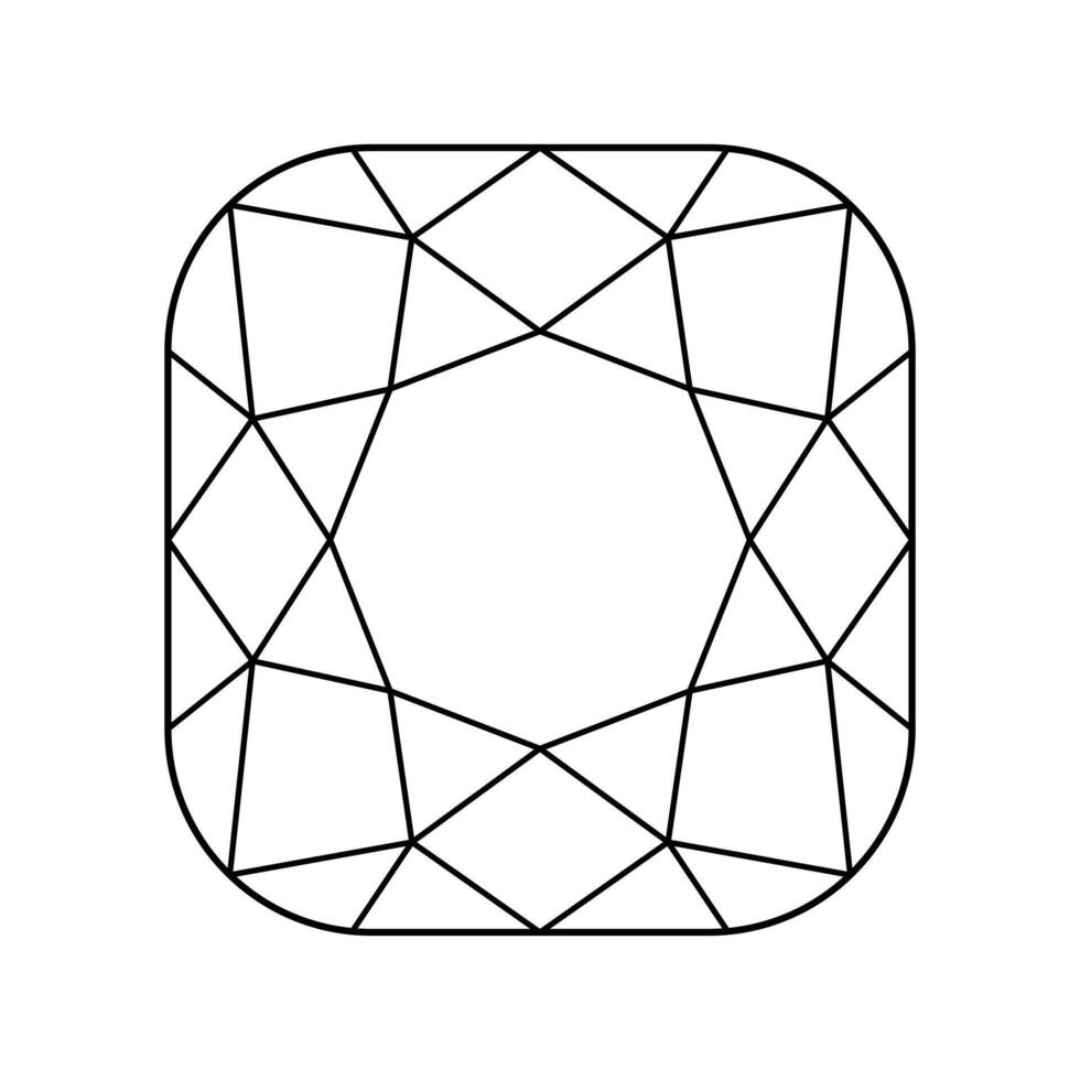 Cushion angular diamond cut shape. Design diagram. Brilliant angular Cushion cut flat icon. Diamond top view. Gemstone outline pattern for jewellery design, branding, packaging, logo, digital graphic. vector