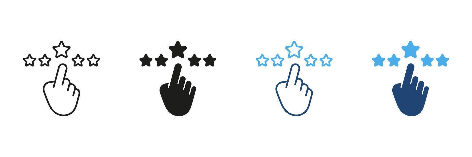 Hand Clicking Star Rating Line And Solid Icon Set. User Feedback, Review, And Rating System Outline And Silhouette Symbol Collection. Customer Satisfaction Evaluation. Isolated Illustration vector