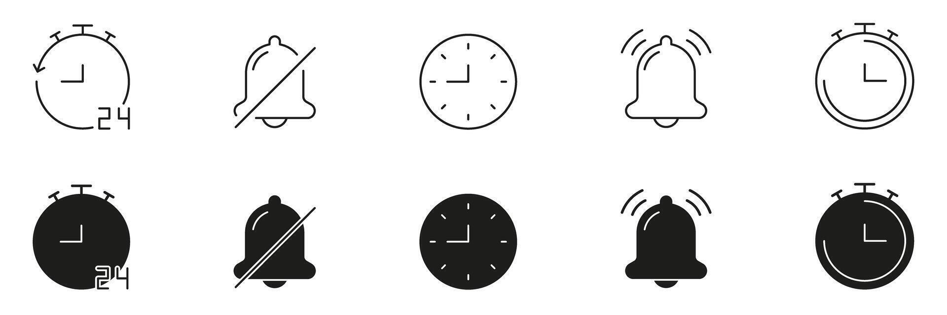 Clock And Bell Icon Set. Time Management, Alarm Notification, And 24-Hour Scheduling Outline And Silhouette Symbol Collection. Includes Silent Mode And Alert Indicators. Isolated Illustration vector