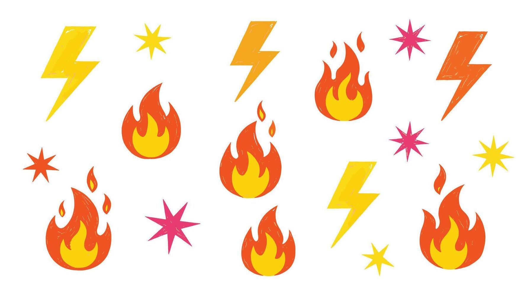 Colorful Cartoon Icon Set Lightning, Flames, and Stars, Sparking Energetic Design Elements for Modern Graphics, Illustrations, and Creative Projects, isolated on white vector