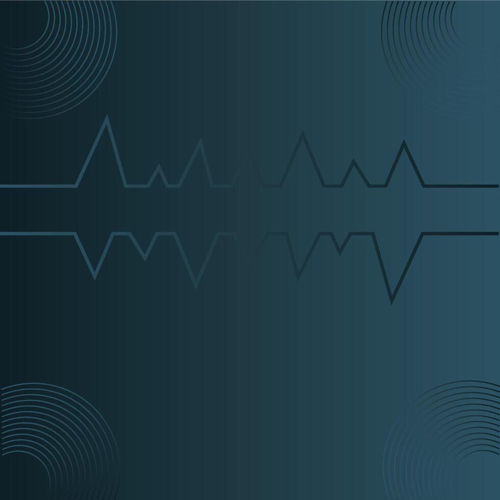 Abstract dark blue sound wave background with circular lines and heartbeat waveform design vector