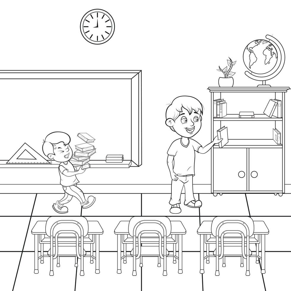 Lively classroom scene with students learning and organizing books, perfect for educational resources and back to school promotions, capturing youthful enthusiasm and the joy of reading vector