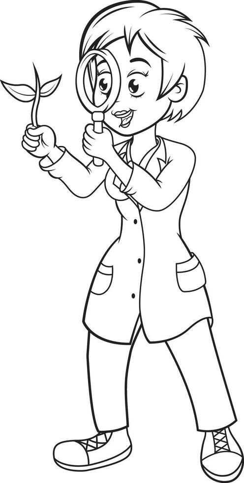 Scientist examines plant growth with magnifying glass in lab, a symbol of research, discovery, and educational resources for learning about biology and environmental science concepts vector