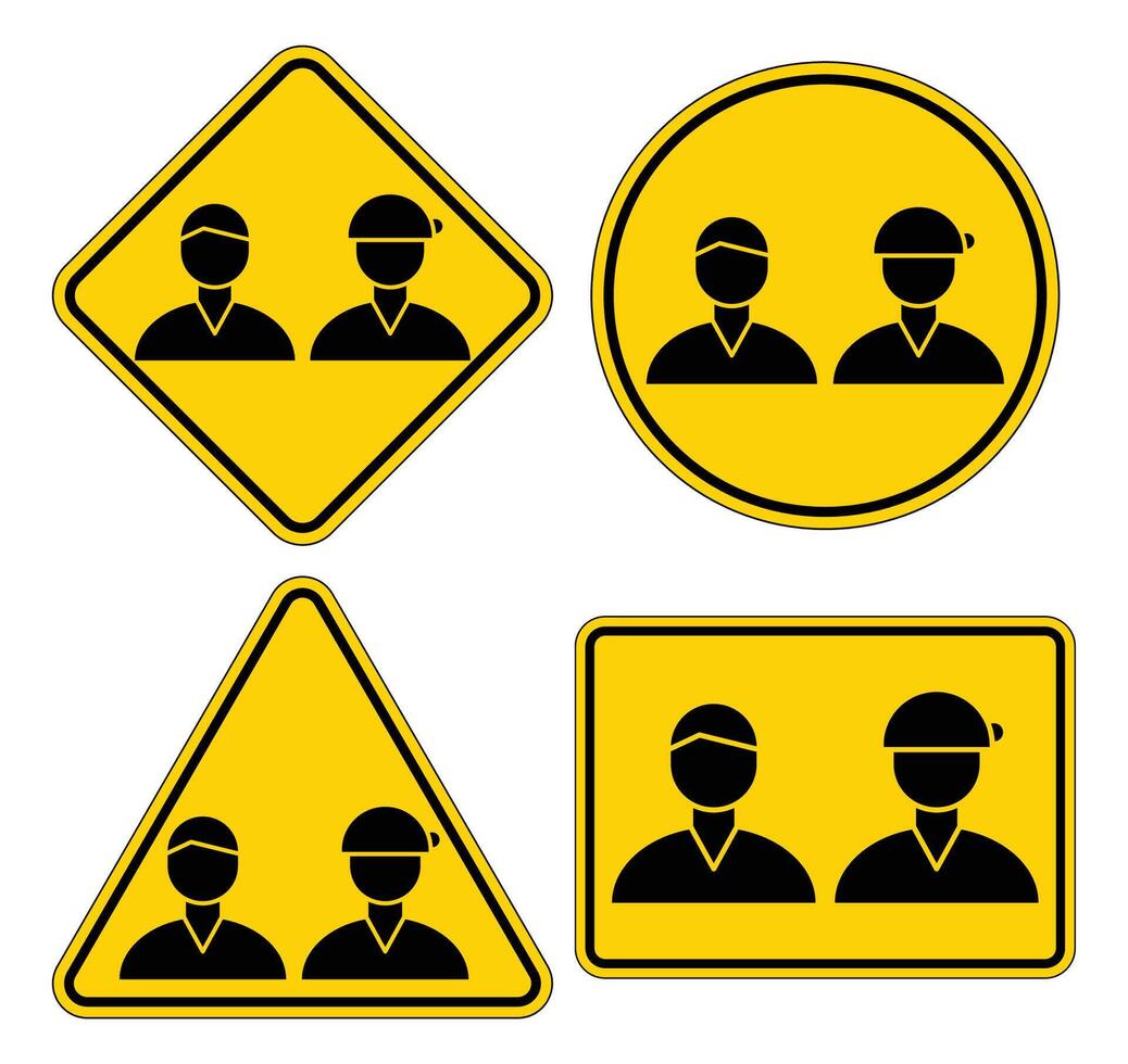 Set of Warning Signs Featuring Two Workers in Various Shapes and Designs vector