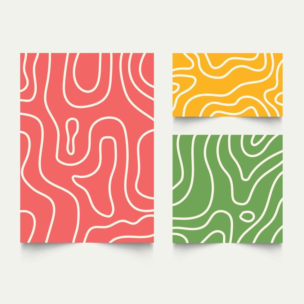 Twisted lines, fluid, curved, wiggling stripes, waves backgrounds set. Liquid, chaotic retro ornaments, groovy hippie patterns collection. Doodle, uneven hand drawn wavy, winding lines vector