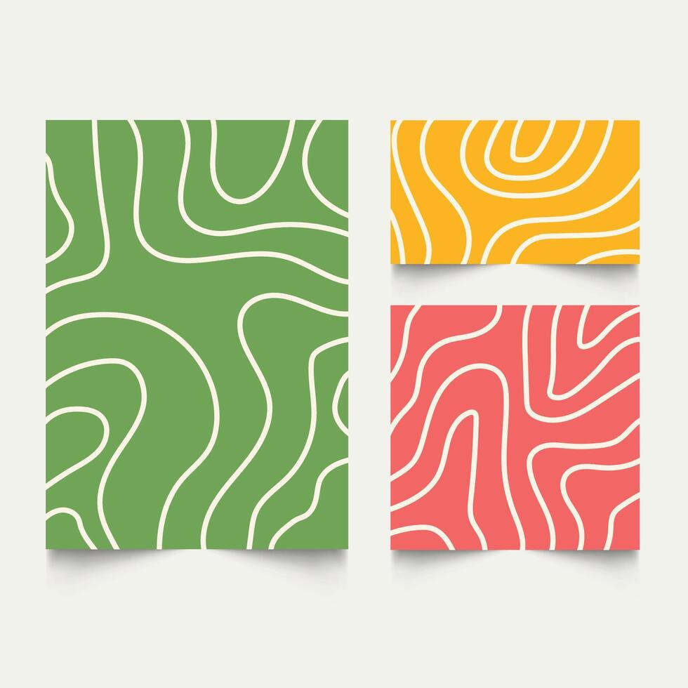 Twisted lines, fluid, curved, wiggling stripes, waves backgrounds set. Liquid, chaotic retro ornaments, groovy hippie patterns collection. Doodle, uneven hand drawn wavy, vector