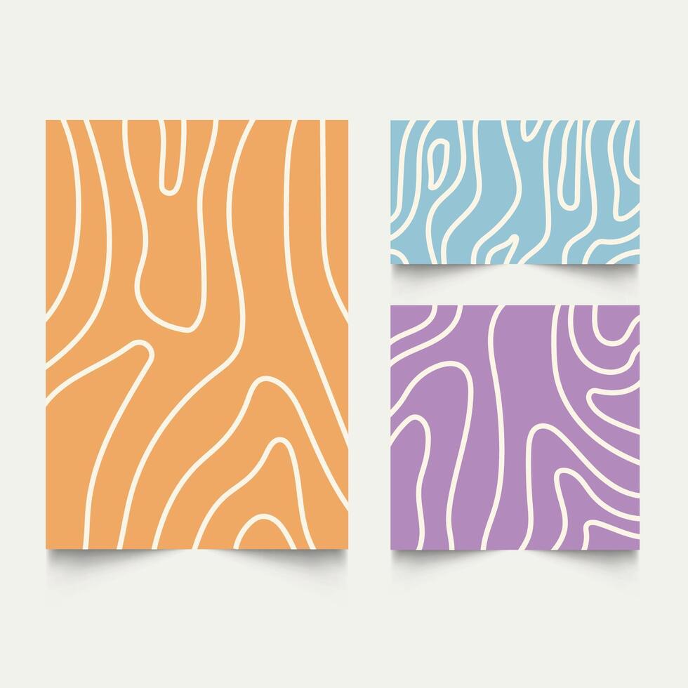 Twisted lines, fluid, curved, wiggling stripes, waves backgrounds set. Liquid, chaotic retro ornaments, groovy hippie patterns collection. vector