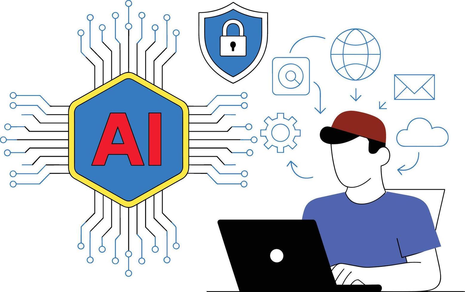 artificial inteligencia concepto con persona utilizando ordenador portátil y red íconos tecnología computadora vector