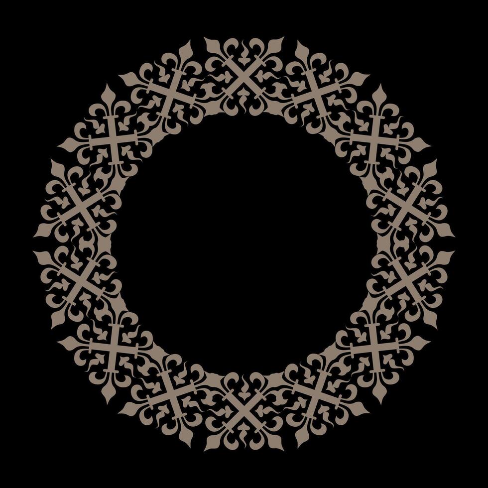 Striking circular frame in a gold against a black background. The design features repeating ornate crosses and fleur-de-lis elements, creating a classic and elegant motif vector
