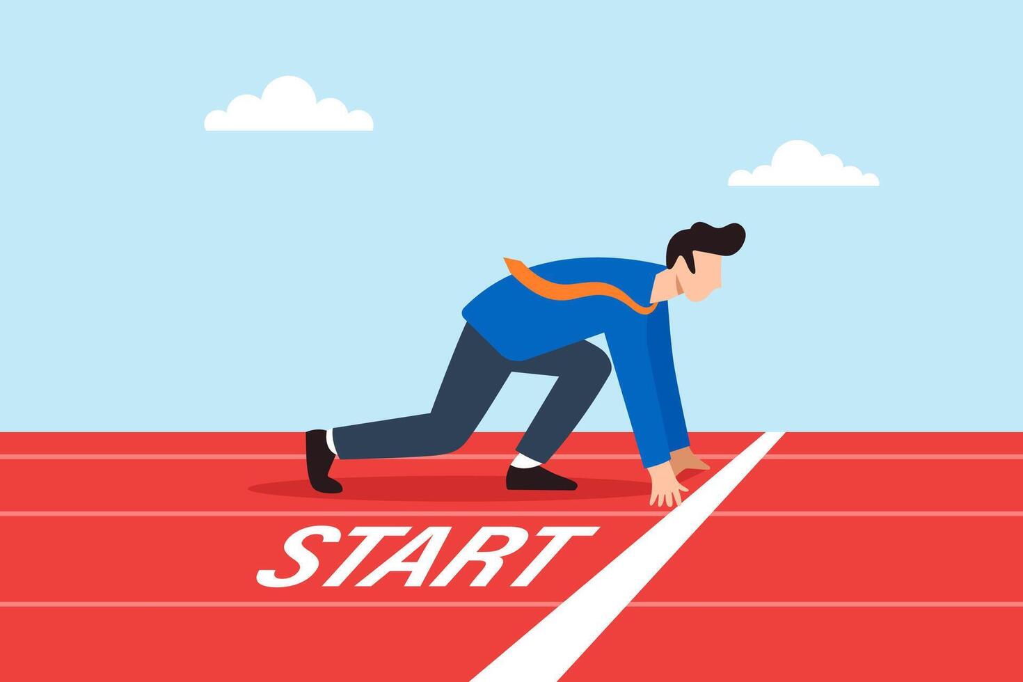 Flat illustration of businessman in starting position on race track ready to sprint symbolizing ambition determination and new beginnings vector