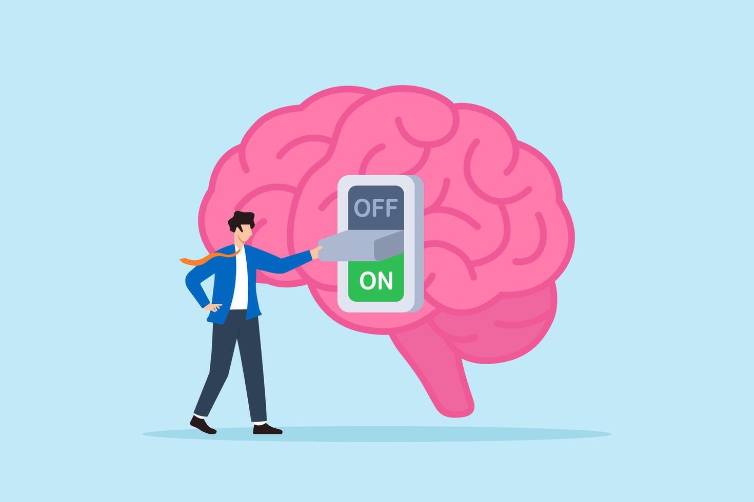 Flat illustration of businessman turning on large switch inside giant brain symbolizing mindset activation creativity and personal development vector
