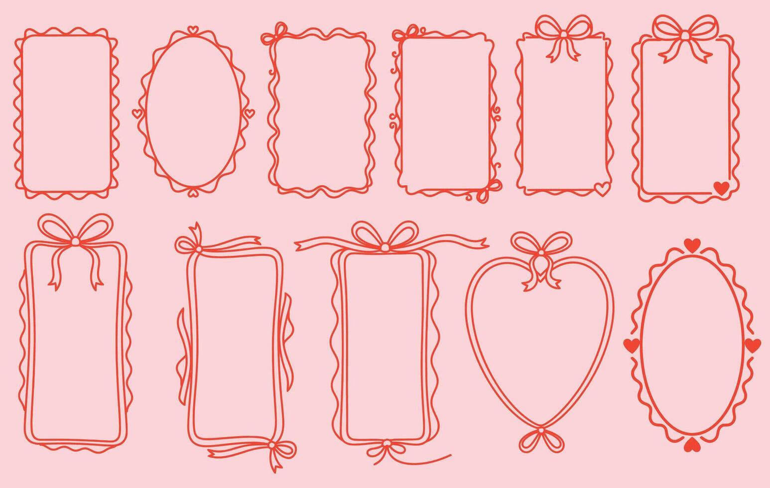 A charming collection of hand-drawn decorative frames featuring ribbon bows, wavy borders, heart accents, and elegant oval and rectangular shapes. These outline-style frames are ideal for vector
